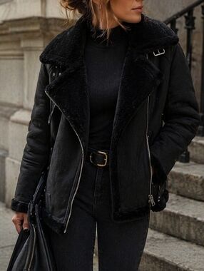 Topshop Black Faux Suede Shearling Moto Jacket Oversized Biker Zip Coat Cozy